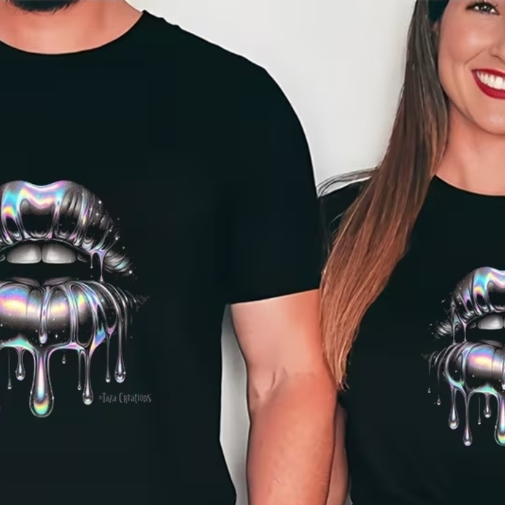 Black T-Shirt with Metallic Lip Design